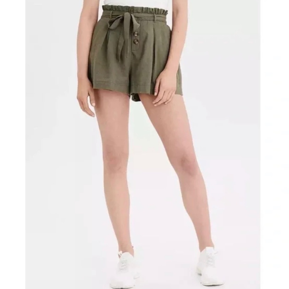 American Eagle High-Waisted Button Front Linen Blend Olive Runner Short X-Small